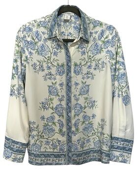 Cupcakes & Cashmere Ethereal Coastal Charm Blue Toile Wanderlust Blouse Sz S